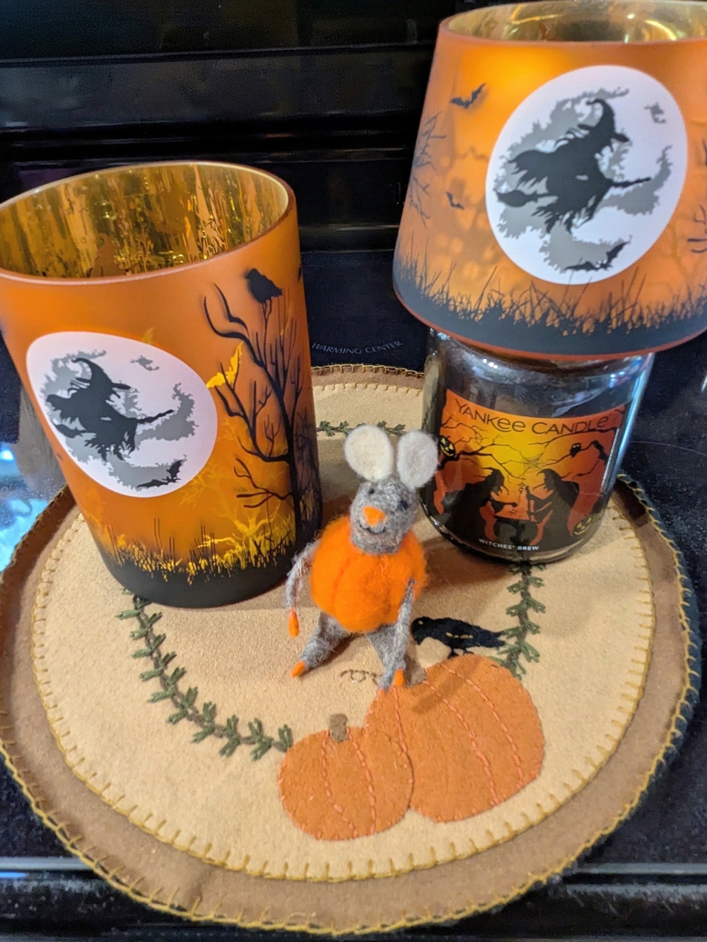 Yankee Candle Orange Halloween Candle Holder Set Witches Moon Jar Shade & Holder